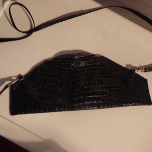Black Crocodile-Embossed Clutch with Glossy Finish